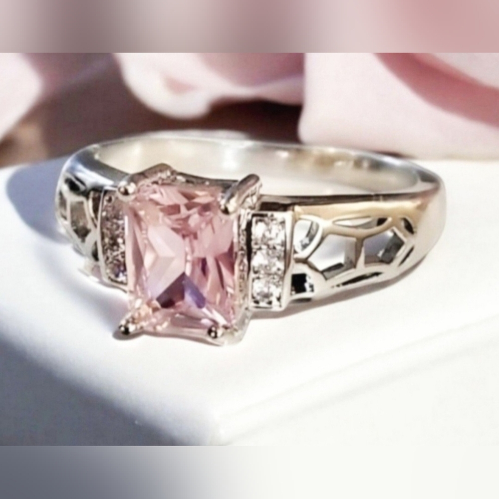 Sterling Silver Pink Sapphire and Cubic Zirconia Ring Womens Jewelry